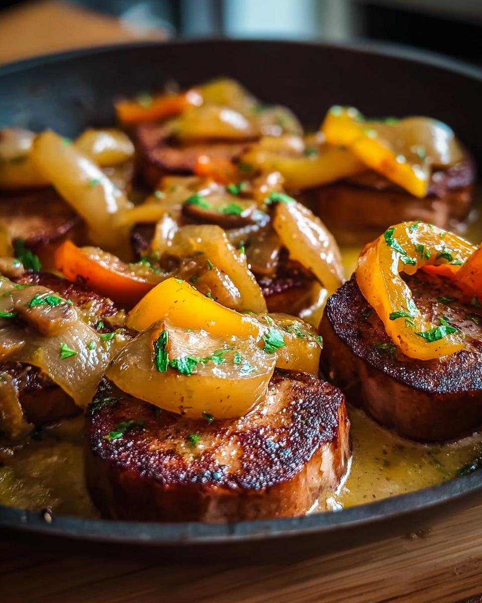 Nahaufnahme von gebratenen Scheiben Leberkäse – Pfanne, bedeckt mit karamellisierten Zwiebeln und gelber Paprika.