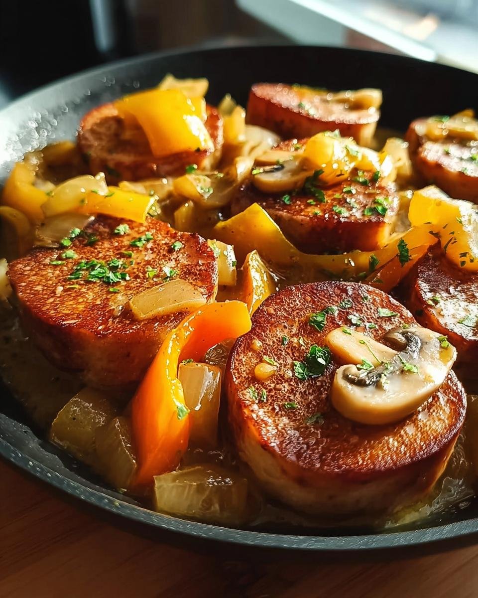 Nahaufnahme einer herzhaften Leberkäse – Pfanne mit gebratenen Leberkäsescheiben, gelben Paprikastreifen und Pilzen.