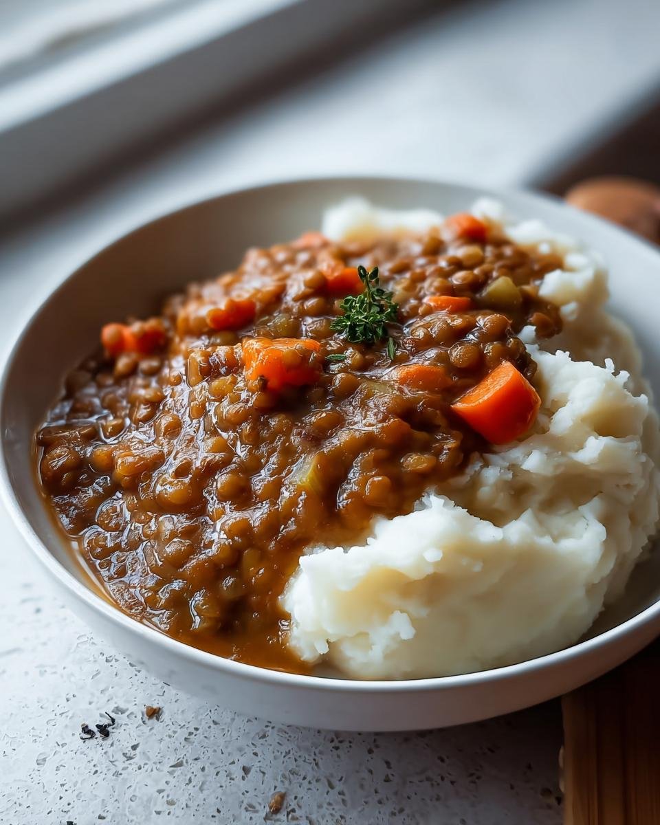 Close-up of hearty Lentil Stew Over Mashed Potatoes in a white bowl, garnished with thyme.
