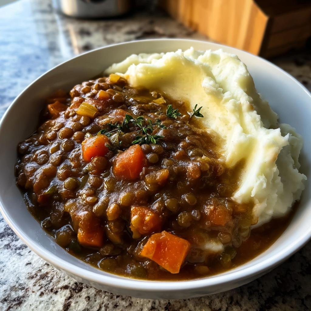 Close-up of hearty Lentil Stew Over Mashed Potatoes garnished with thyme in a white bowl.