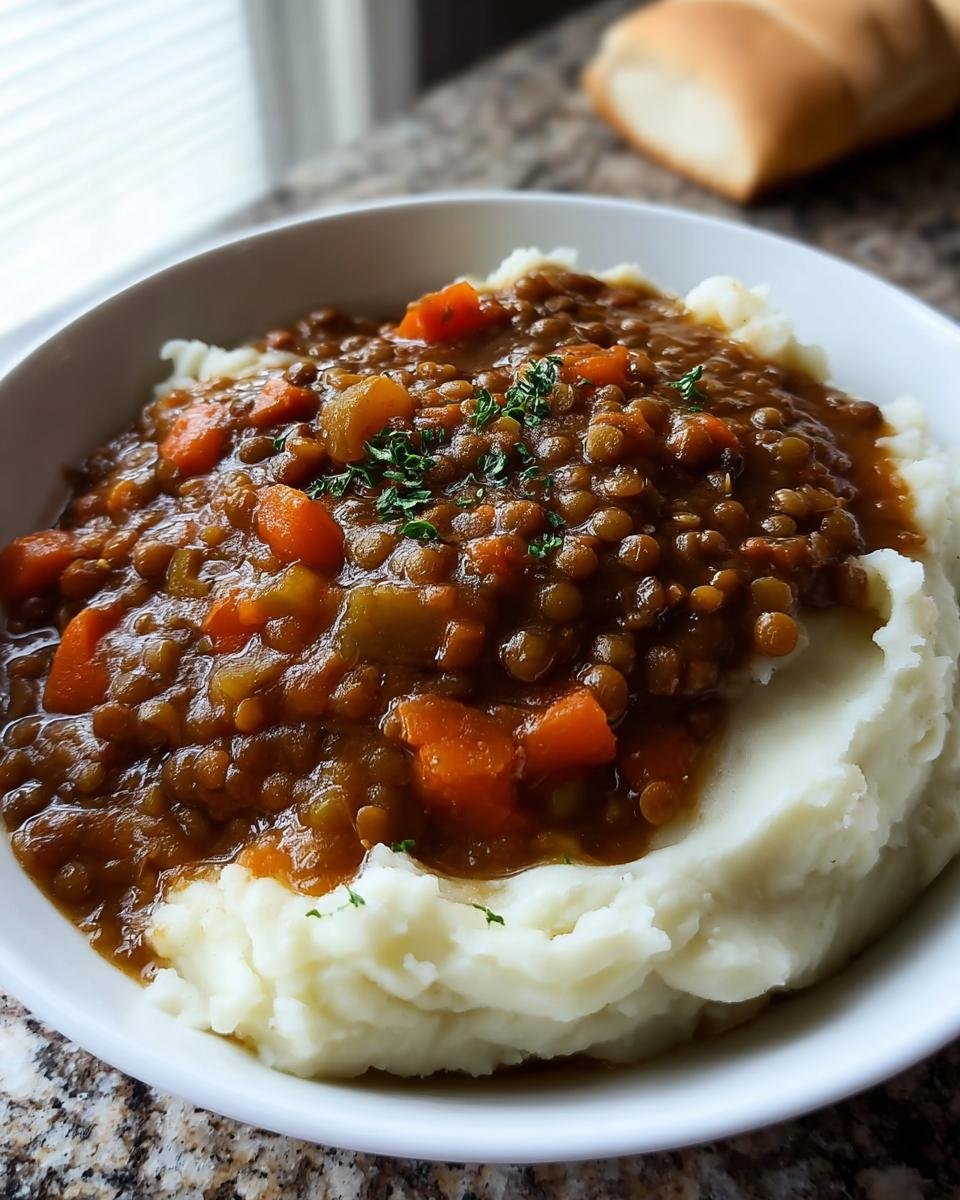Eine Nahaufnahme von herzhaftem Lentil Stew Over Mashed Potatoes, garniert mit Petersilie, in einer weißen Schüssel.