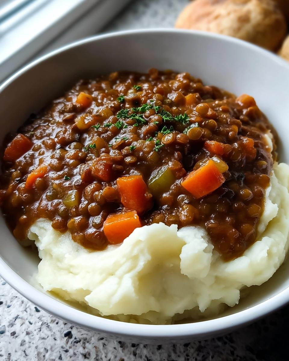 Nahaufnahme von herzhaftem Lentil Stew Over Mashed Potatoes in einer weißen Schüssel, garniert mit Petersilie.