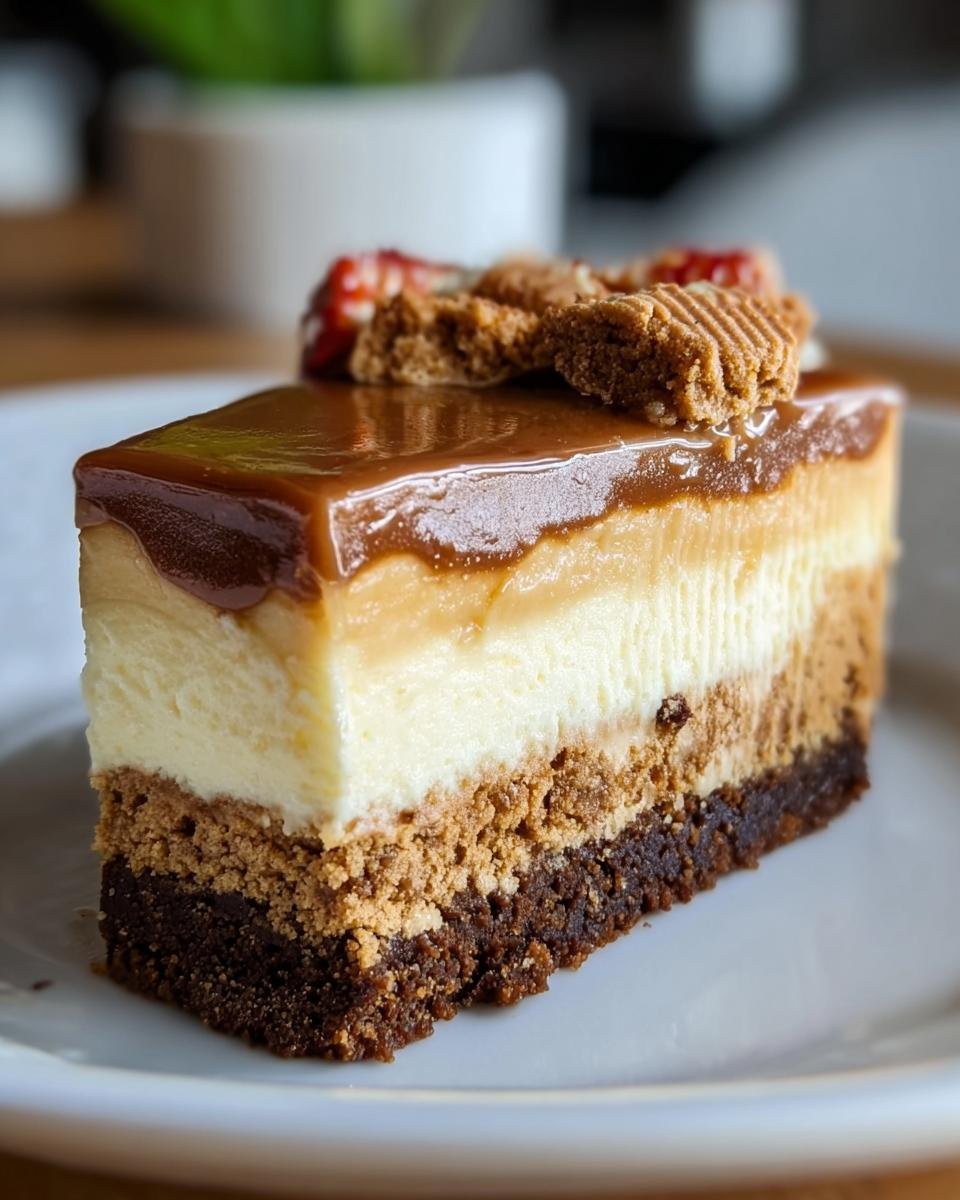 Nahaufnahme eines Schichtkuchens, wahrscheinlich ein Lotus Cheesecake Dessert, mit Karamellglasur und Keksstücken.