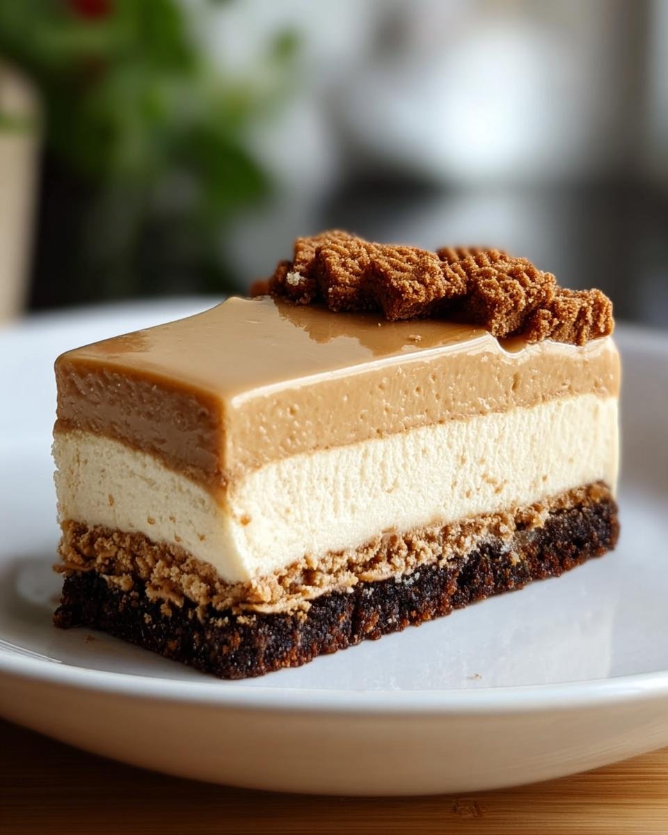 Nahaufnahme eines Schichtkuchens, das perfekte Lotus Cheesecake Dessert, mit Karamellglasur und Keksstücken.