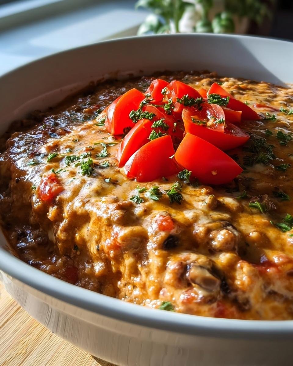 Nahaufnahme eines cremigen Mafia Topf Gerichts, überbacken und garniert mit frischen Tomatenspalten.