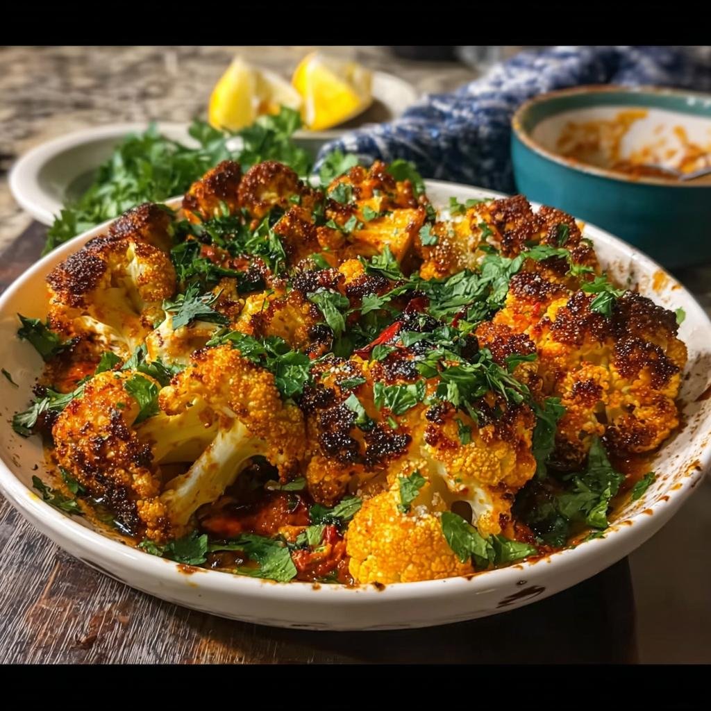 Geröstete Röschen von Marokkanischer Blumenkohl aus dem Backofen, garniert mit frischer Petersilie.