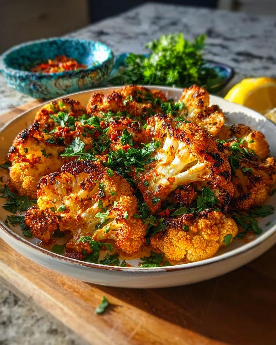 Geröstete Blumenkohlsteaks, garniert mit frischer Petersilie, als Marokkanischer Blumenkohl aus dem Backofen.