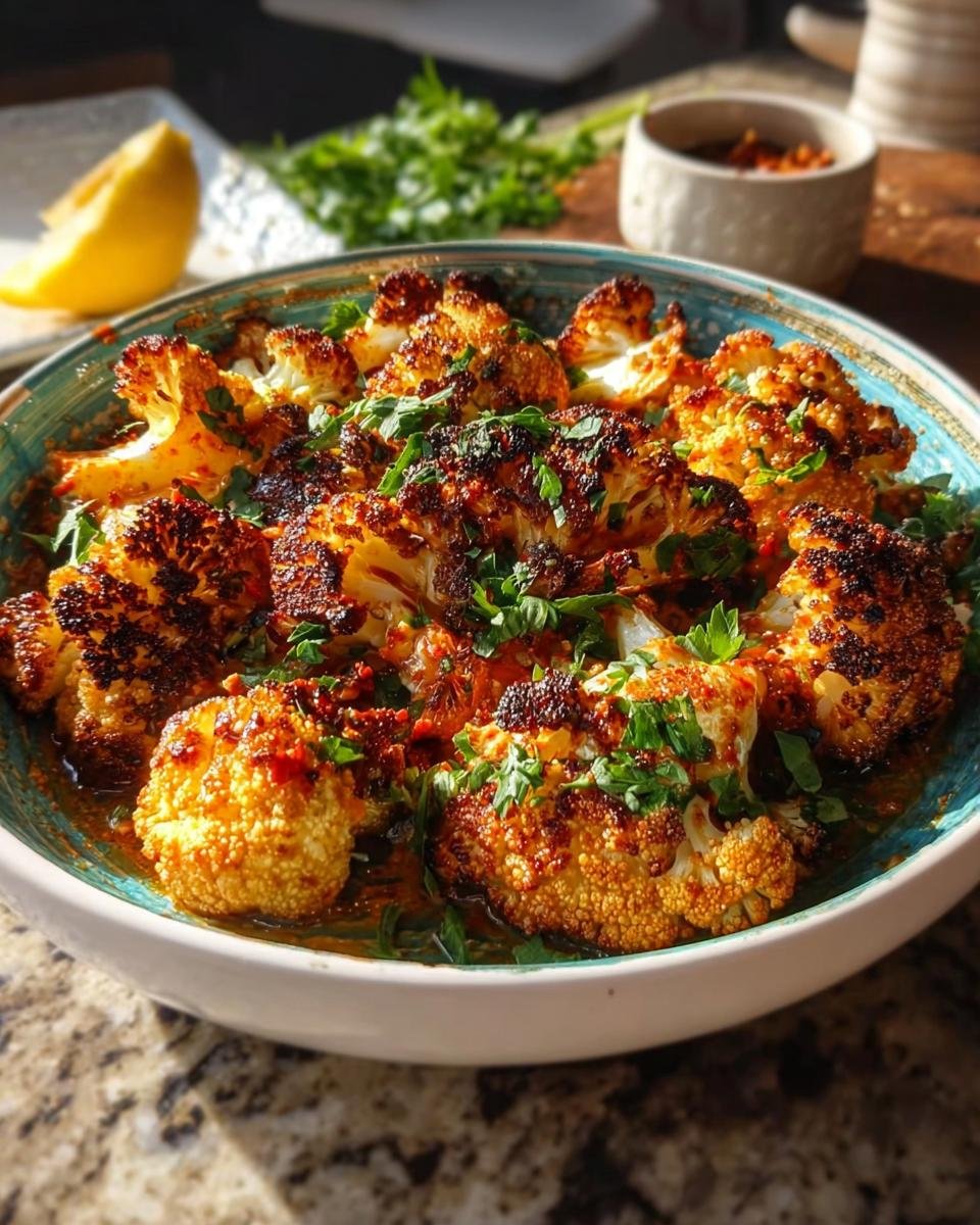 Geröstete Röschen von Marokkanischer Blumenkohl aus dem Backofen in einer Schüssel, garniert mit Petersilie.