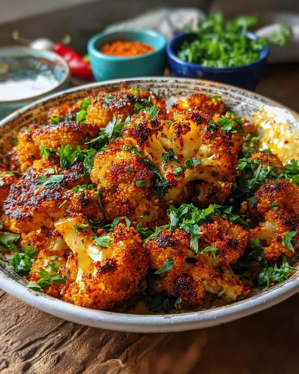 Geröstete Röschen von Marokkanischer Blumenkohl aus dem Backofen, garniert mit frischer Petersilie in einer Schale.