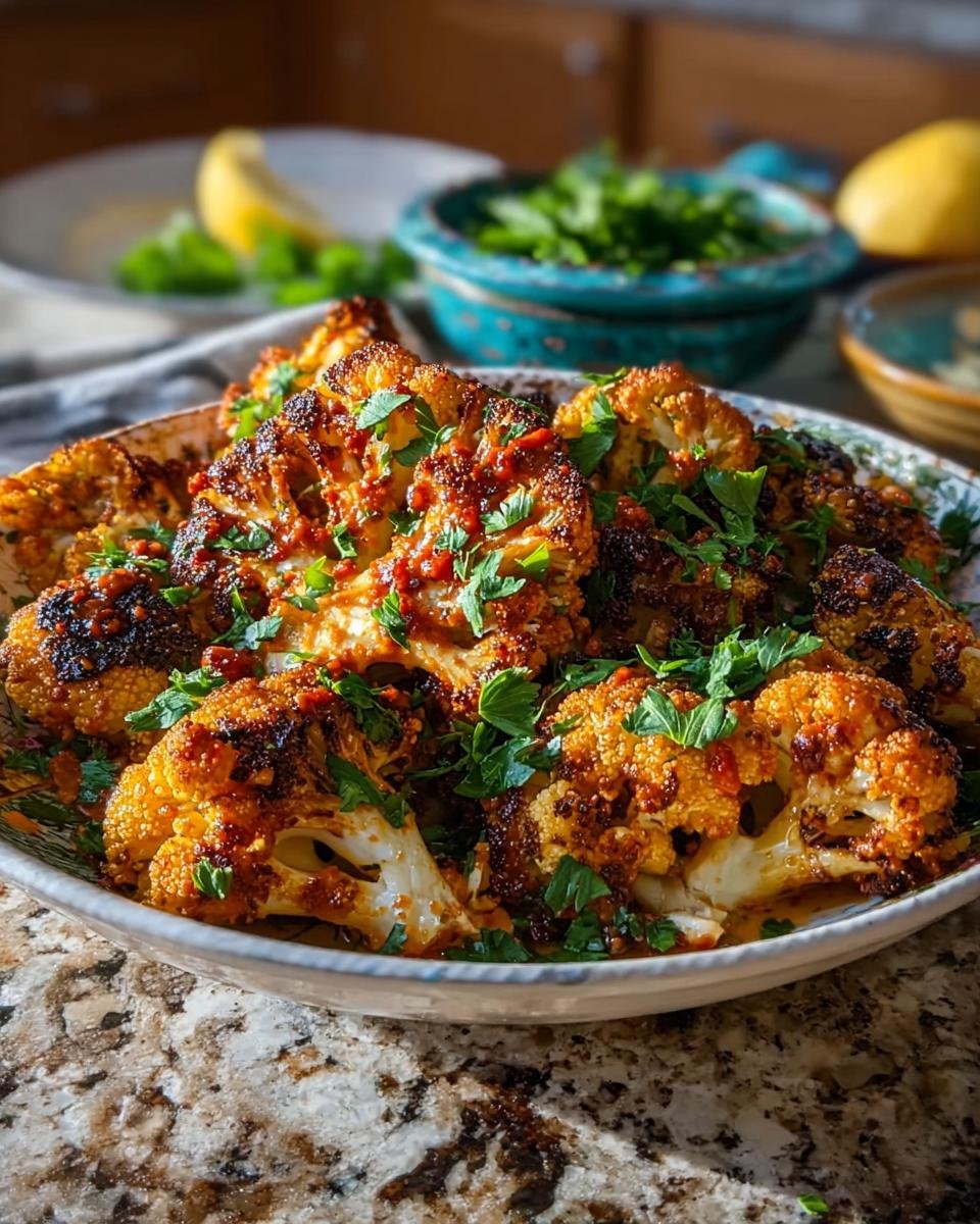 Geröstete Röschen von Marokkanischer Blumenkohl aus dem Backofen, garniert mit frischer Petersilie.