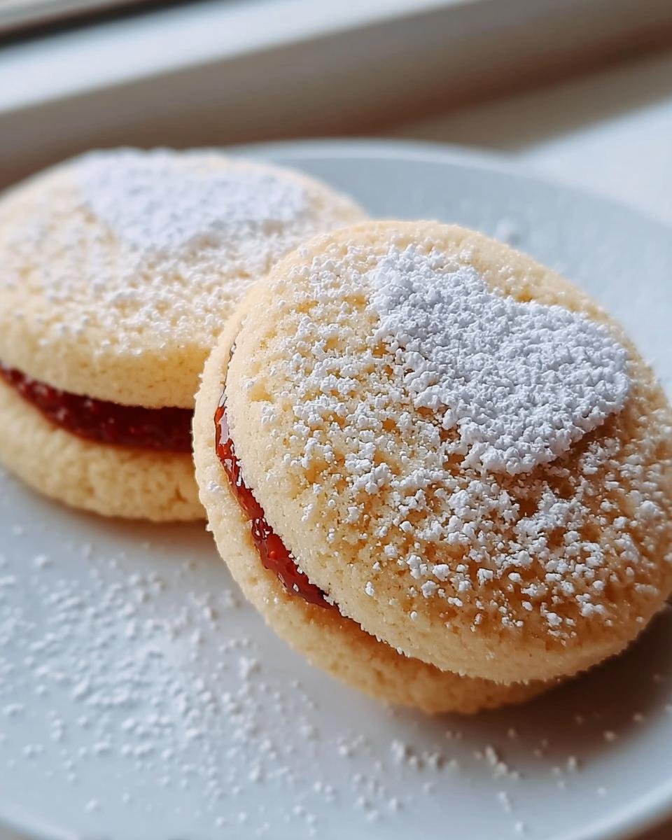 Nahaufnahme von zwei Marzipan Himbeer Plätzchen, bestäubt mit Puderzucker, auf einem weißen Teller.
