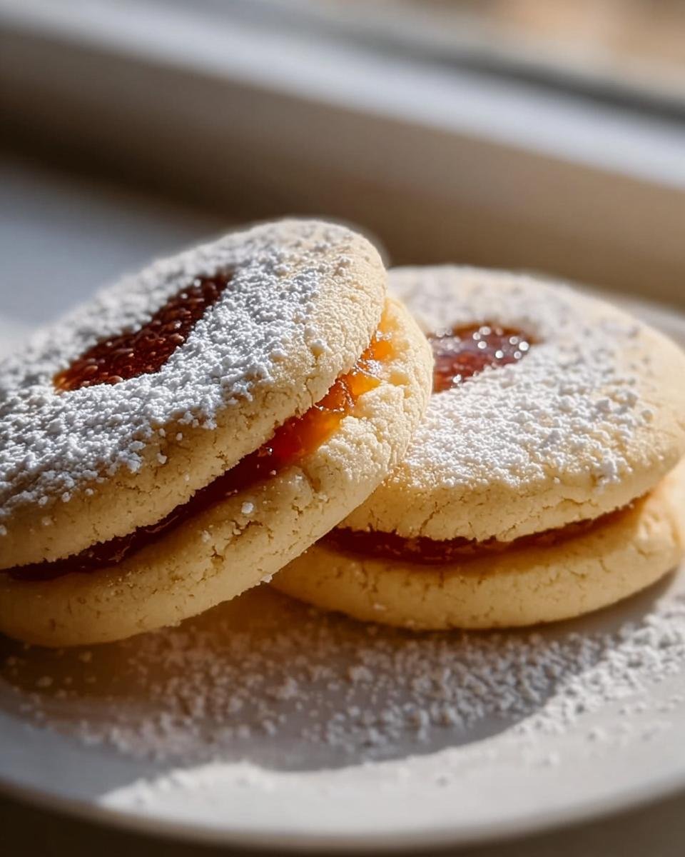Zwei Marzipan Himbeer Plätzchen mit Himbeermarmelade und Puderzucker bestreut.