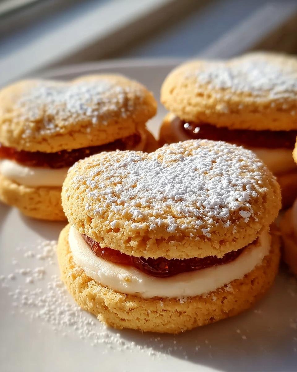 Nahaufnahme von Marzipan Himbeer Plätzchen, belegt mit Creme und Marmelade und bestäubt mit Puderzucker.