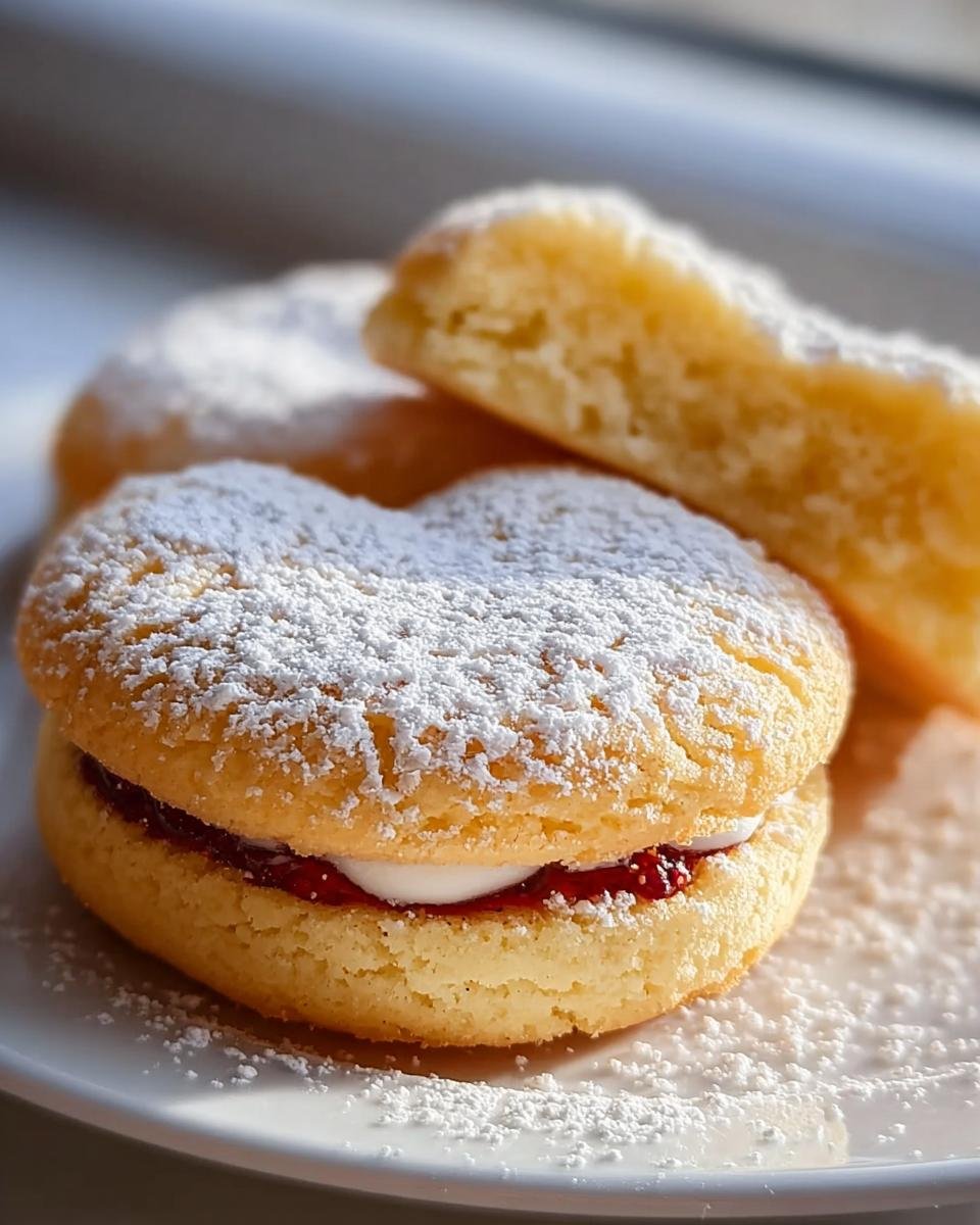 Nahaufnahme eines Marzipan Himbeer Plätzchen, gefüllt mit Himbeermarmelade und Creme, bestäubt mit Puderzucker.