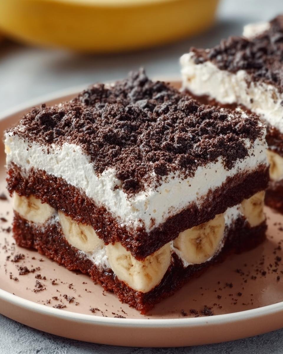 Ein Stück Maulwurfkuchen vom Blech mit Schokoboden, Bananenscheiben, Sahne und Schokostreuseln.