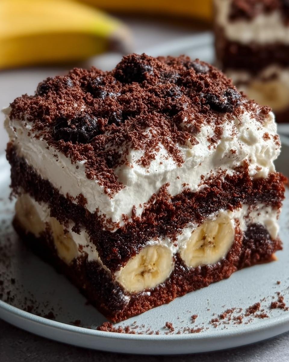 Nahaufnahme eines Stücks Maulwurfkuchen vom Blech mit Schokoladenboden, Bananenscheiben und Sahnehaube.