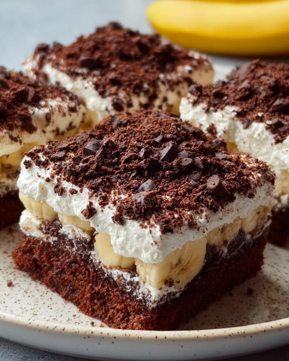 Nahaufnahme eines Stücks Maulwurfkuchen vom Blech mit Schokoladenboden, Bananenscheiben, Sahne und dunklen Schokostreuseln.