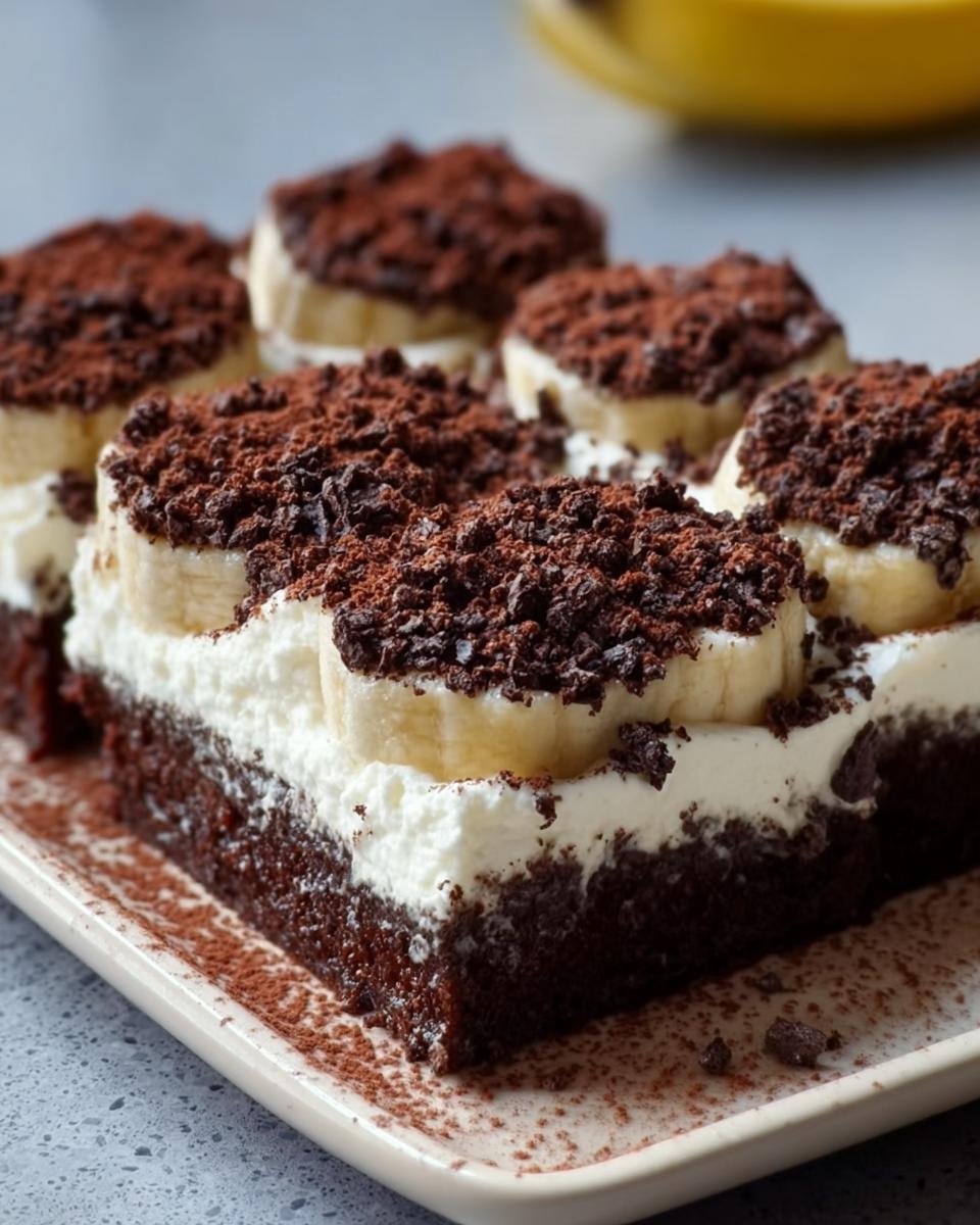 Drei Stücke Maulwurfkuchen vom Blech auf einem Teller, belegt mit Bananenscheiben, Sahne und Schokostreuseln.
