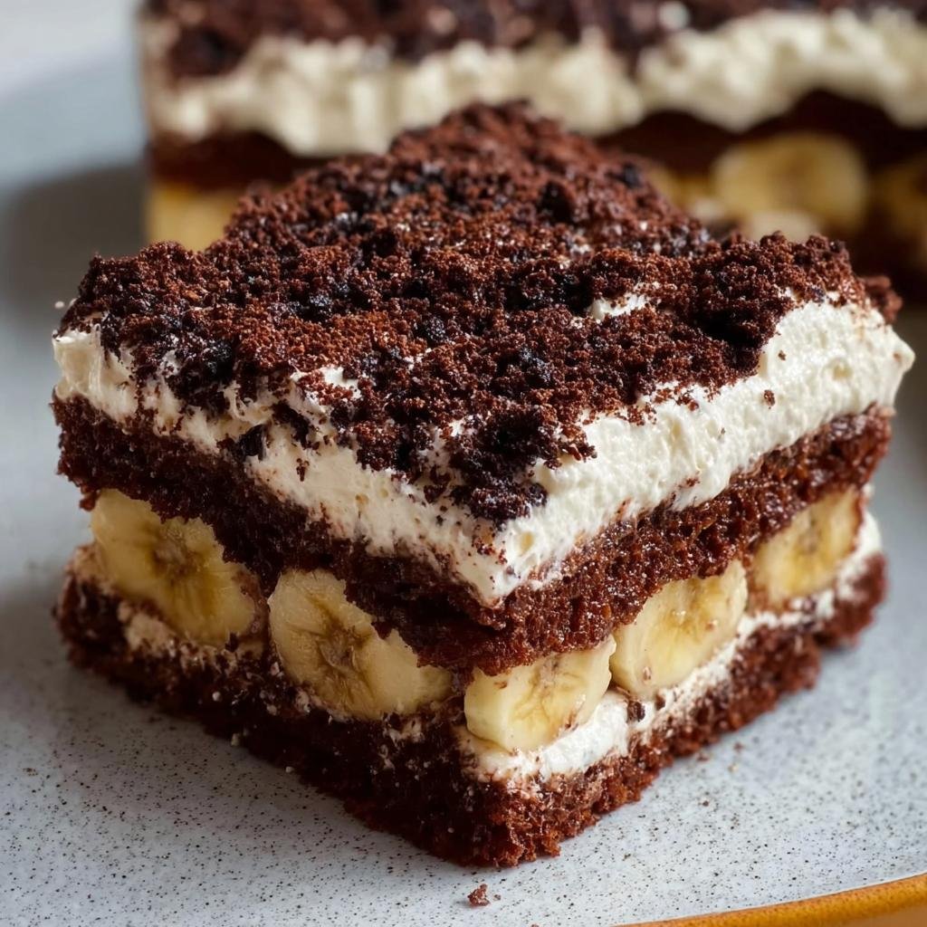 Nahaufnahme eines Stücks Maulwurfkuchen vom Blech mit Schokoboden, Bananenscheiben und viel Sahne, bedeckt mit Schokostreuseln.