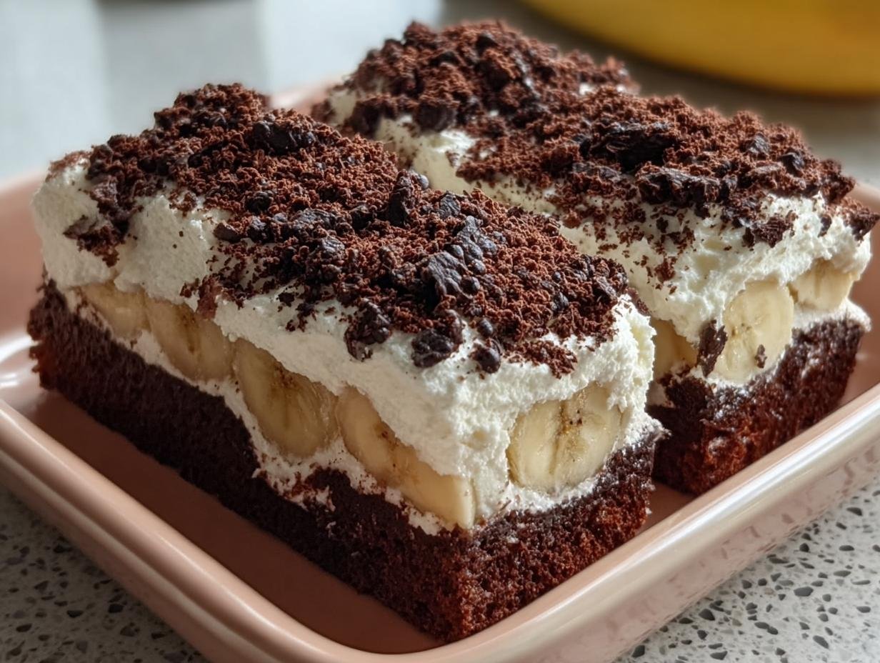 Zwei Stücke Maulwurfkuchen vom Blech mit Schokoboden, Bananenscheiben, Sahne und Schokostreuseln.