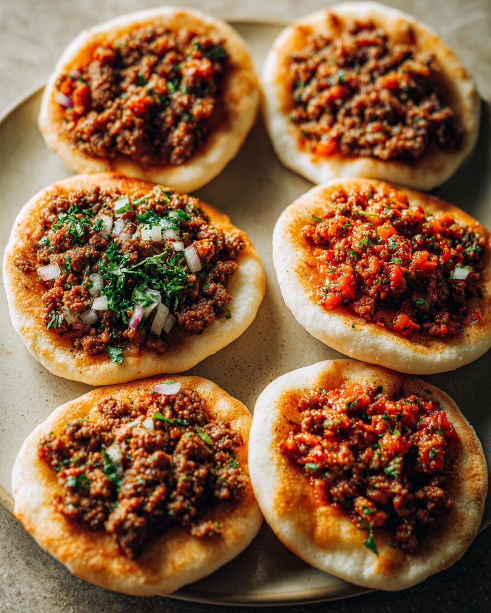 Nahaufnahme von sechs kleinen, runden Mediterranean Mini Lahmacun Bites mit würziger Hackfleischmischung auf einem Teller.