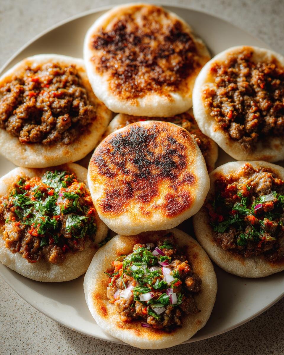 Eine Nahaufnahme von mehreren gebackenen Mediterranean Mini Lahmacun Bites mit gewürztem Hackfleischbelag, einige garniert mit Petersilie und Zwiebeln.