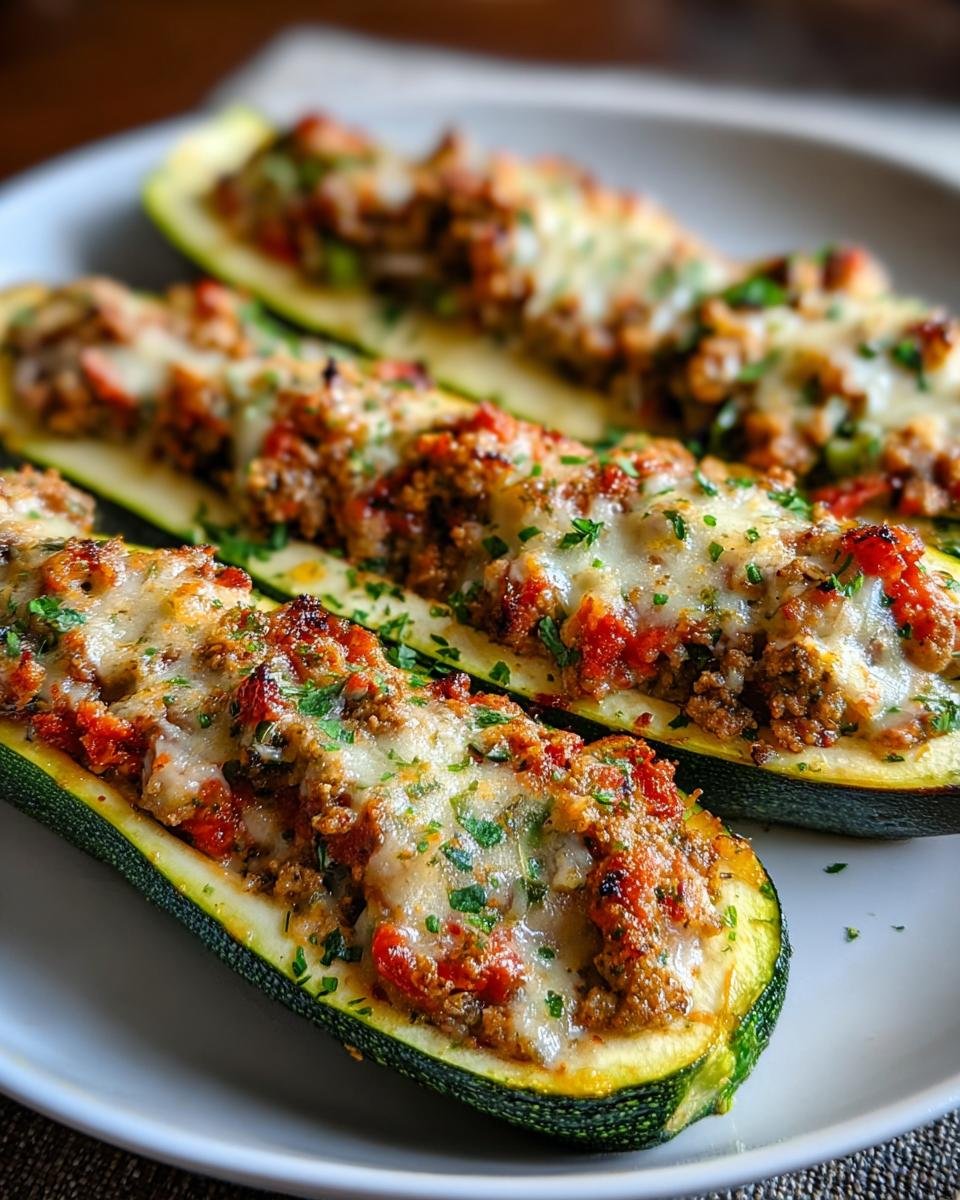 Nahaufnahme von drei Mediterranean Stuffed Zucchini Boats, gefüllt mit Hackfleisch und überbacken mit Käse.
