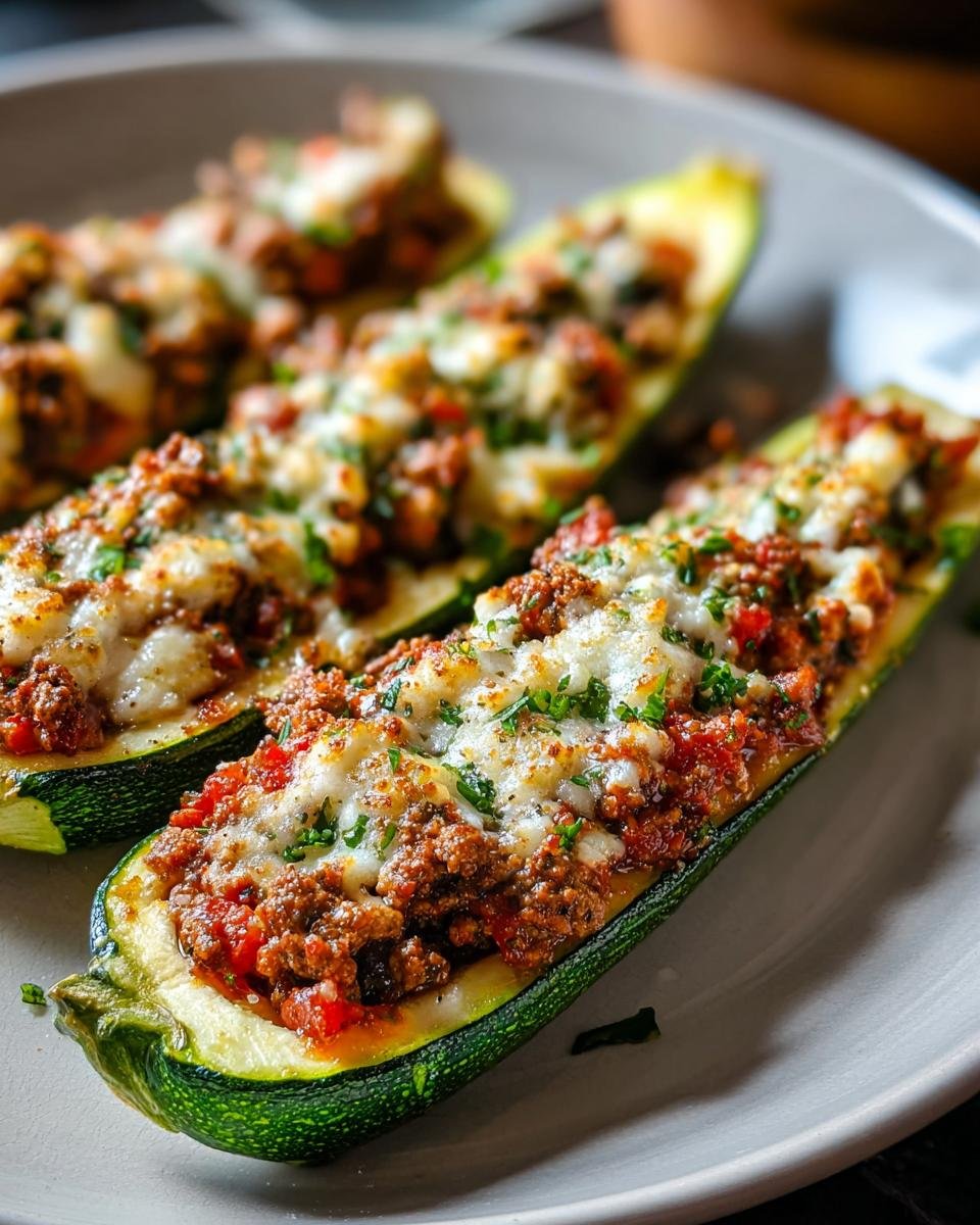 Nahaufnahme von gebackenen Mediterranean Stuffed Zucchini Boats mit Hackfleischfüllung und geschmolzenem Käse.