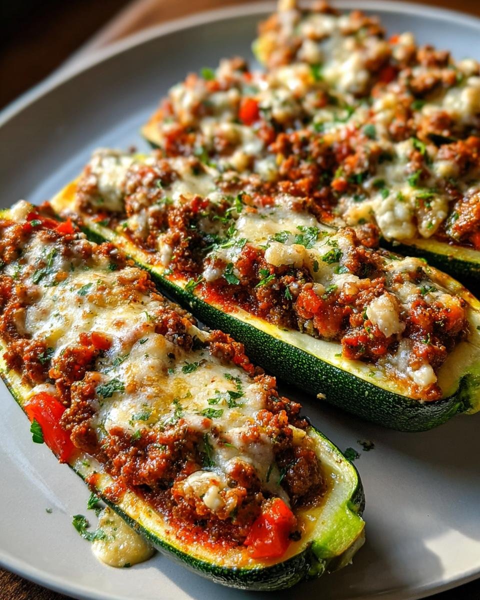 Nahaufnahme von drei gebackenen Mediterranean Stuffed Zucchini Boats mit würziger Hackfleischfüllung und geschmolzenem Käse.