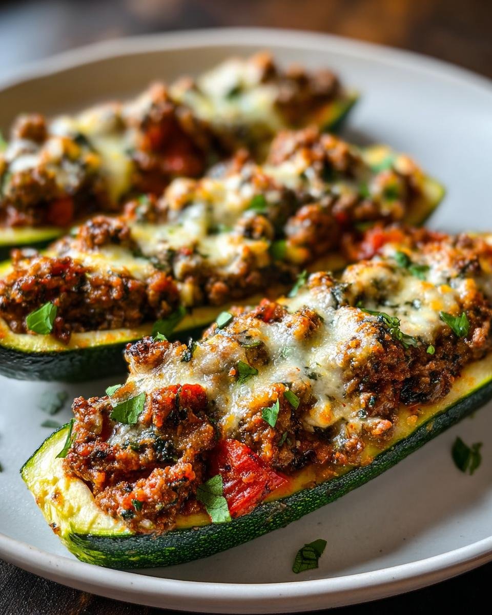 Nahaufnahme von saftigen Mediterranean Stuffed Zucchini Boats, gefüllt mit Hackfleisch und überbacken mit Käse.