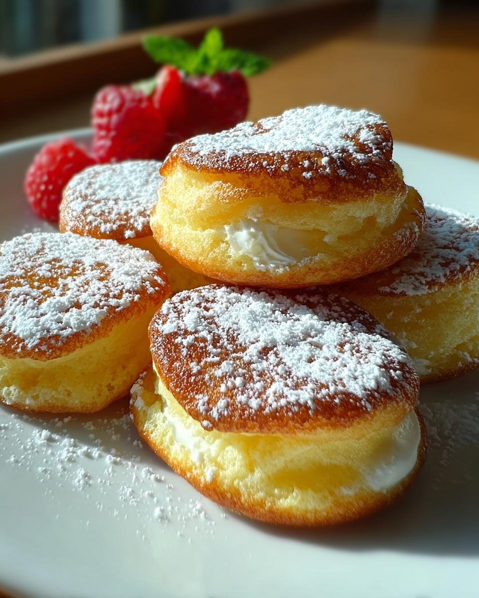 Close-up of several fluffy Mini German Pancakes filled with cream and dusted heavily with powdered sugar, served with raspberries.