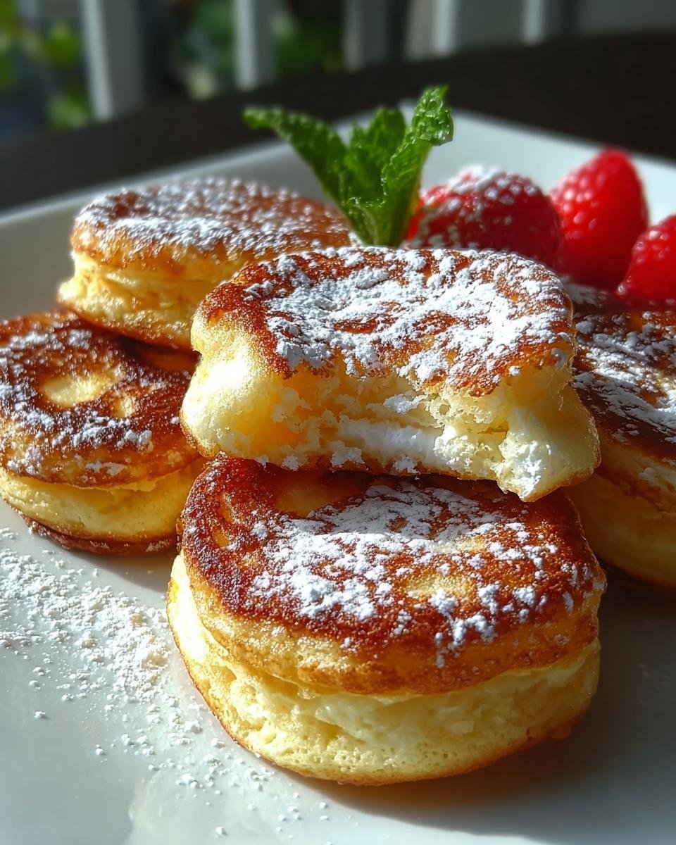 Close-up of fluffy Mini German Pancakes dusted with powdered sugar, served with raspberries and mint.