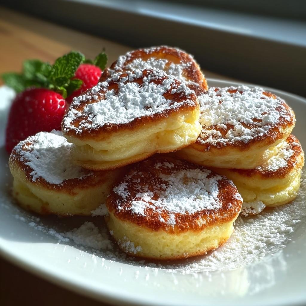 A stack of fluffy Mini German Pancakes dusted heavily with powdered sugar, served with strawberries and mint.