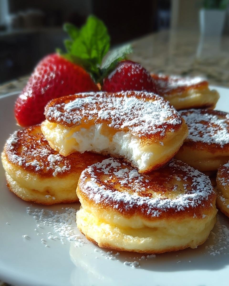 Close-up of fluffy Mini German Pancakes dusted with powdered sugar, served with strawberries.