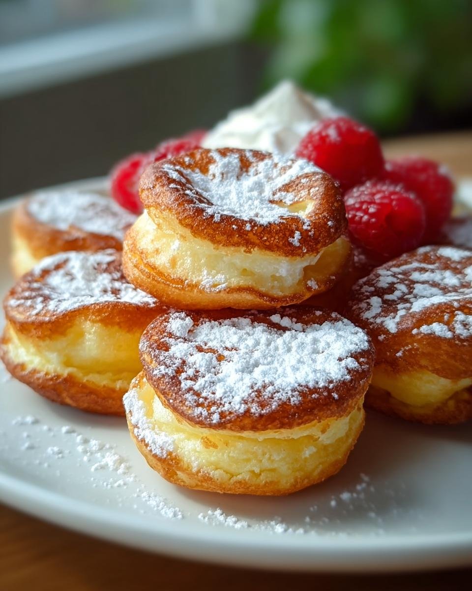 Close-up of several fluffy Mini German Pancakes dusted with powdered sugar, served with raspberries.