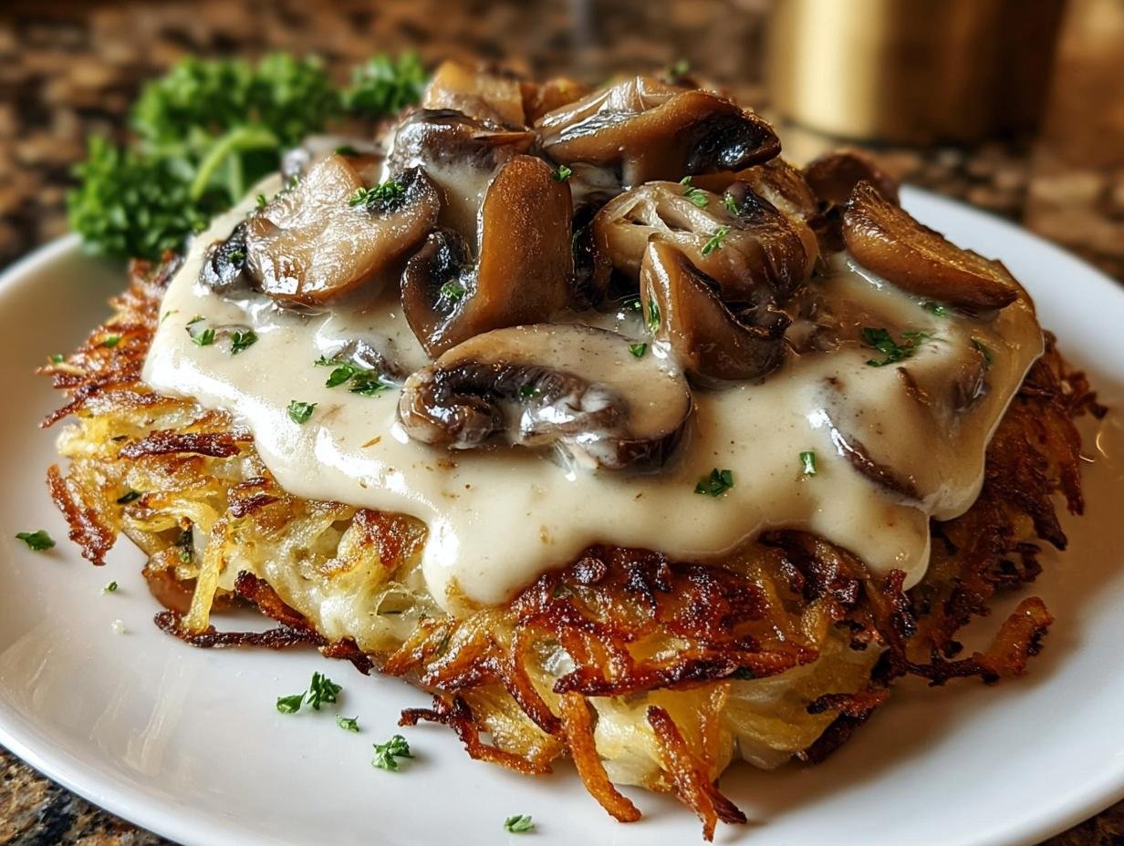 Knusprig: 1 Mozzarella-Rösti mit Zwiebel-Pilzrahmsauce