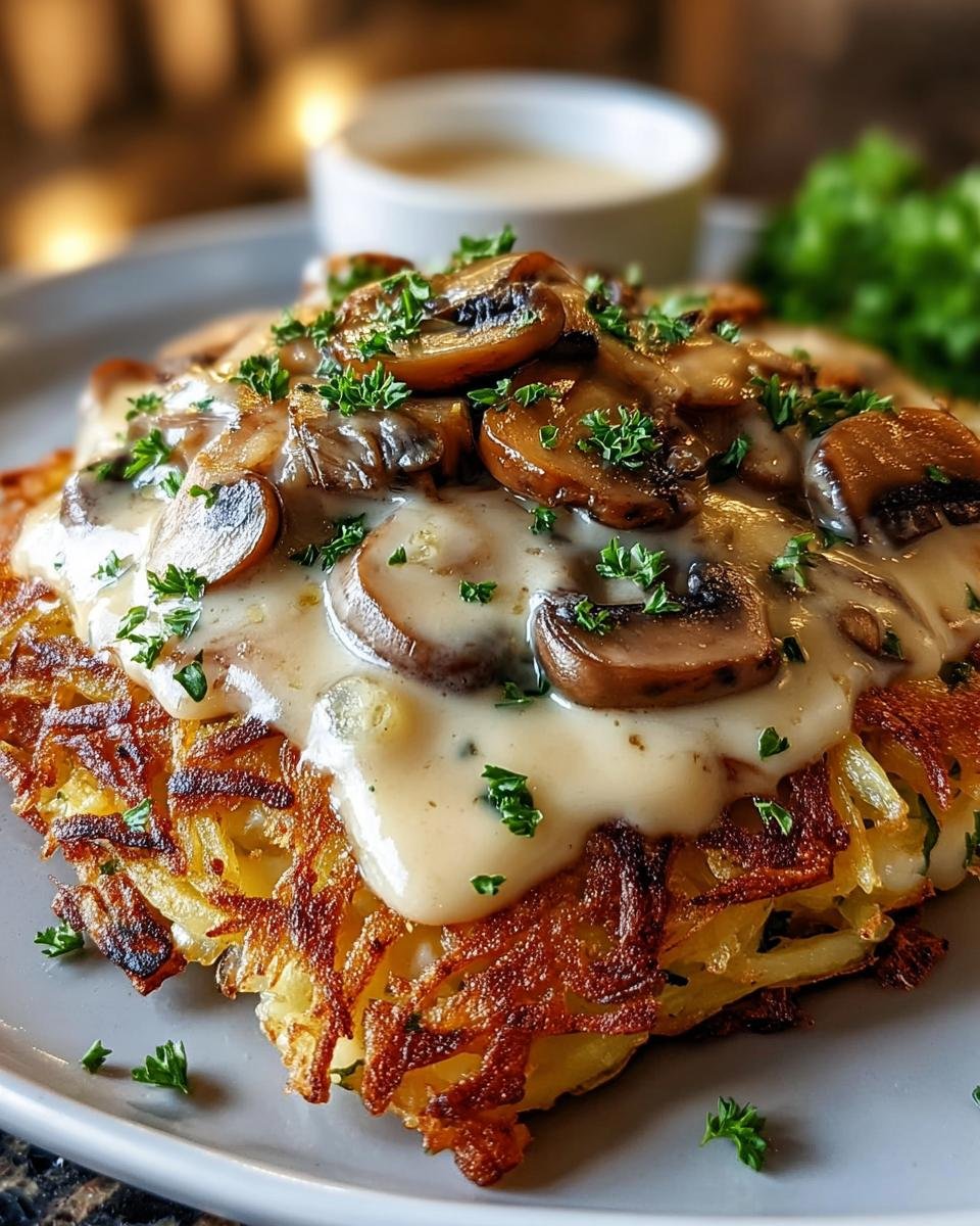 Knusprige Mozzarella-Rösti mit cremiger Zwiebel-Pilzrahmsauce und frischer Petersilie.
