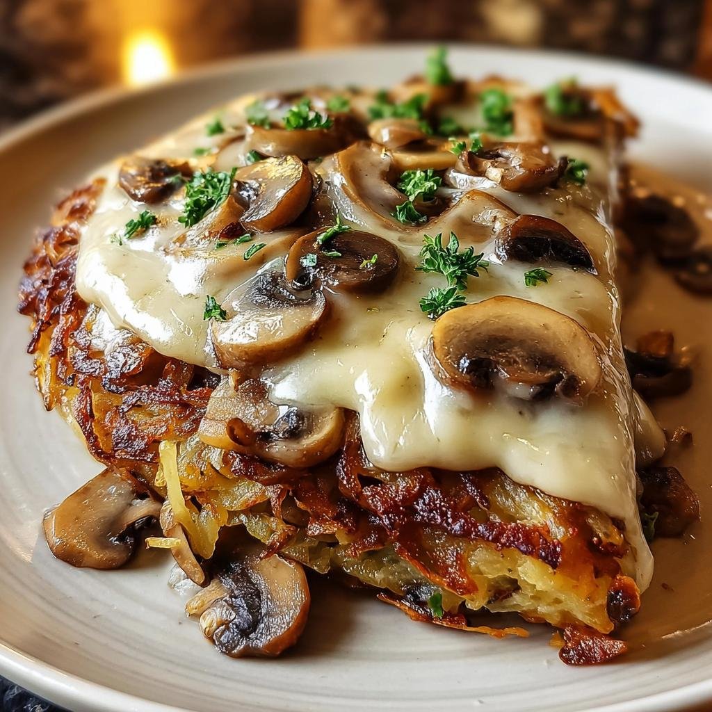 Knuspriges Mozzarella-Rösti überbacken mit geschmolzenem Käse und Pilzrahmsoße, garniert mit Petersilie.