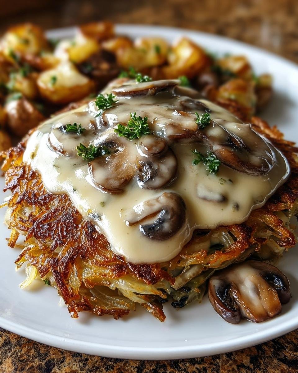 Knuspriger Mozzarella-Rösti bedeckt mit cremiger Zwiebel-Pilzrahmsauce und frischer Petersilie.