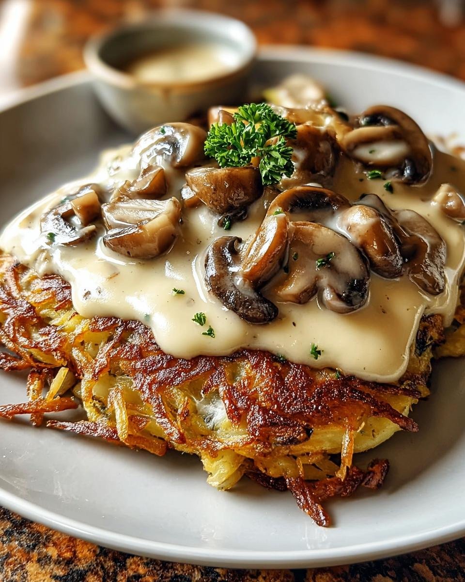 Nahaufnahme eines knusprigen Mozzarella-Rösti, bedeckt mit Zwiebel-Pilzrahmsauce und Petersilie.