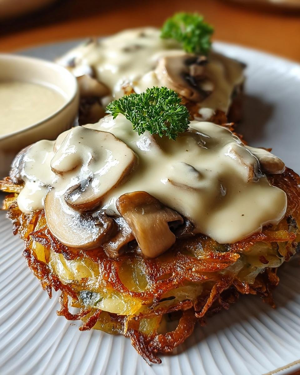 Knuspriges Mozzarella-Rösti bedeckt mit cremiger Zwiebel-Pilzrahmsauce und Pilzscheiben.