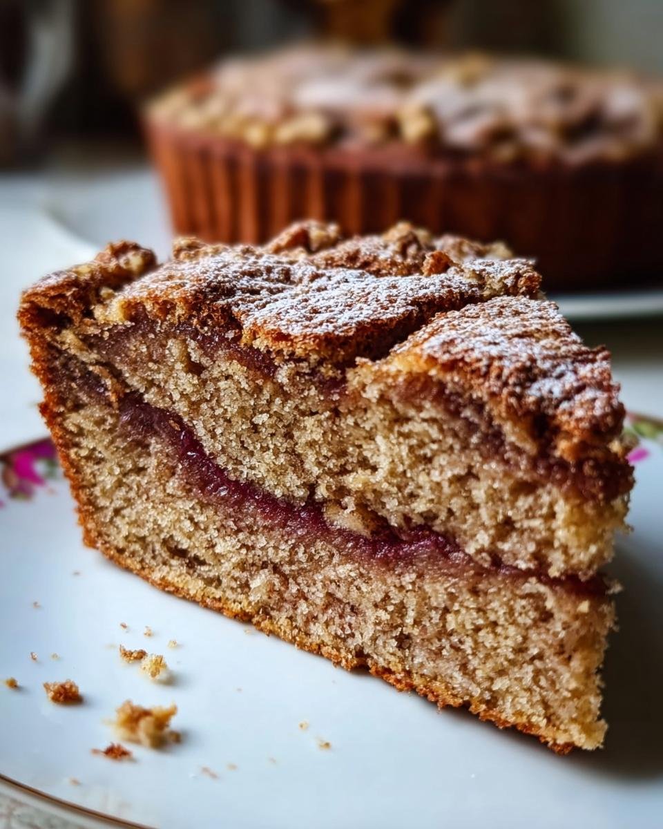 Nahaufnahme eines Kuchenschnitts vom Nussiger Zimtkuchen mit Pflaumenfüllung, bestäubt mit Puderzucker.