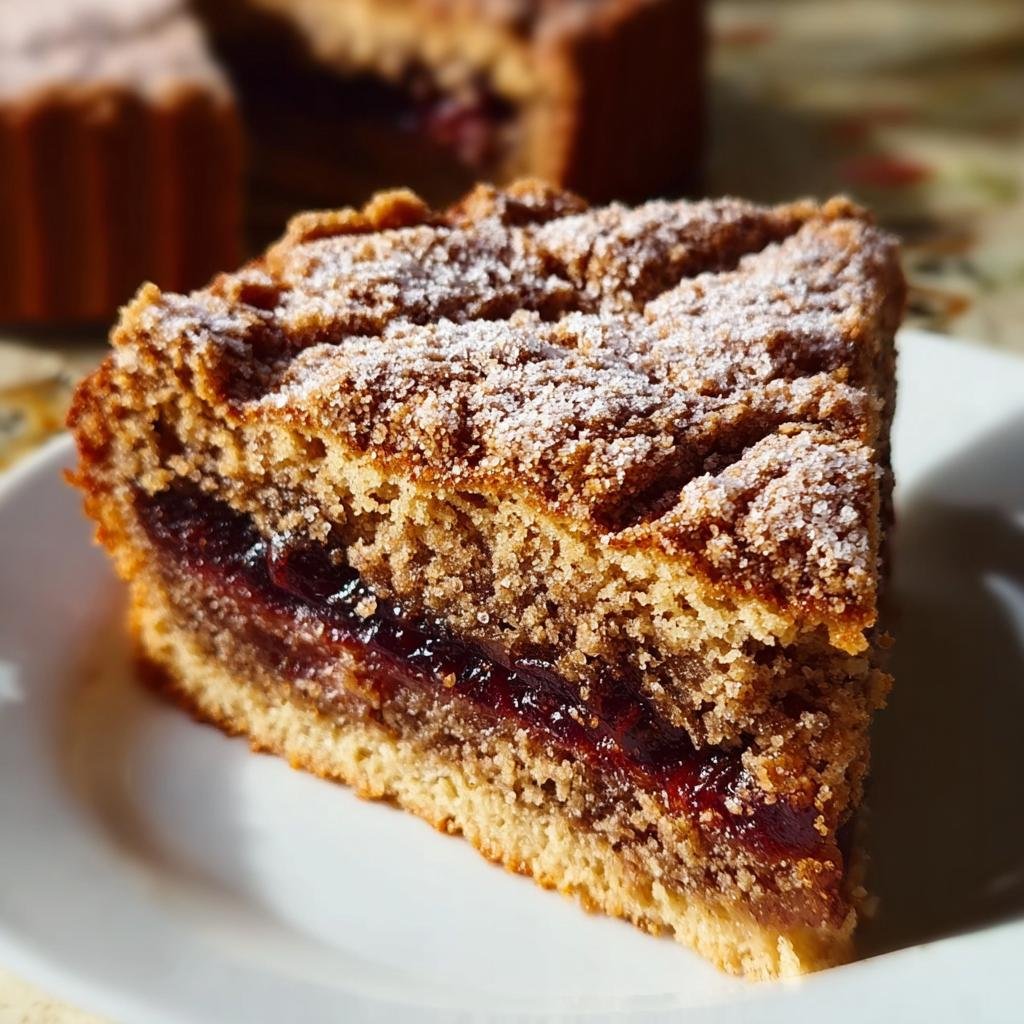 Nahaufnahme eines Kuchenschnitts vom Nussiger Zimtkuchen mit Pflaumenfüllung, bestäubt mit Puderzucker.