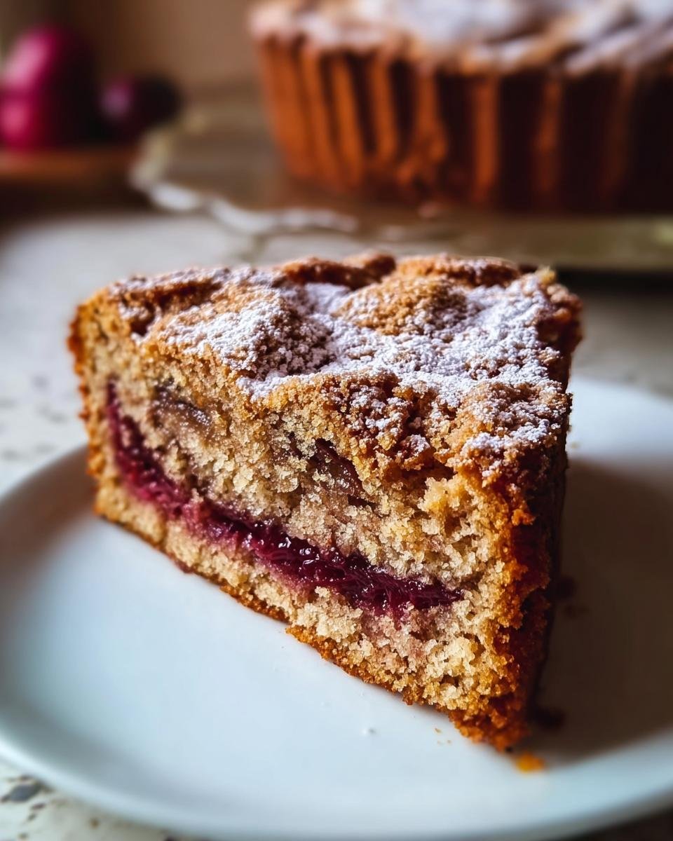 Ein Stück Nussiger Zimtkuchen mit Pflaumenfüllung und Puderzucker auf einem weißen Teller.