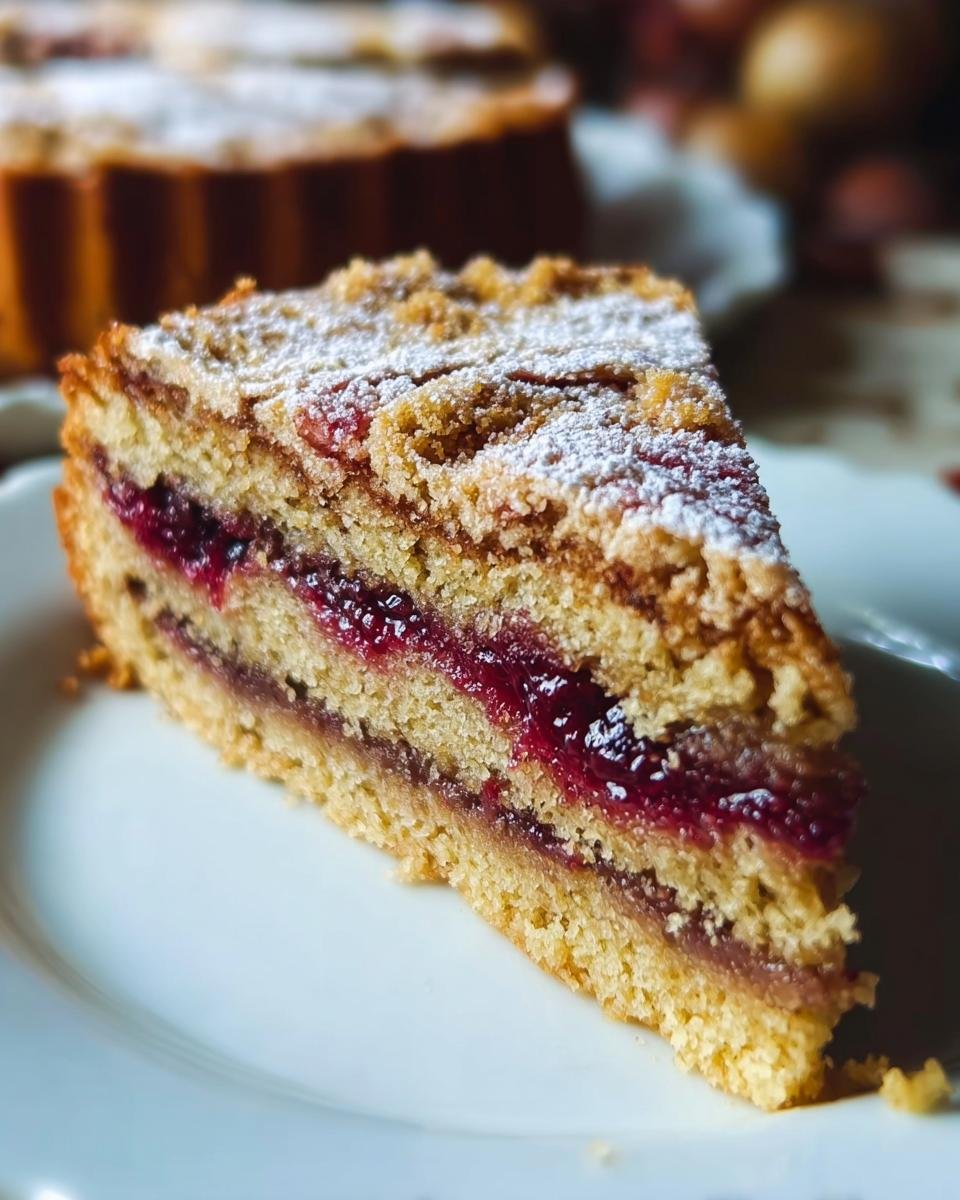 Nahaufnahme eines Stücks Nussiger Zimtkuchen mit Pflaumenfüllung, bestäubt mit Puderzucker.