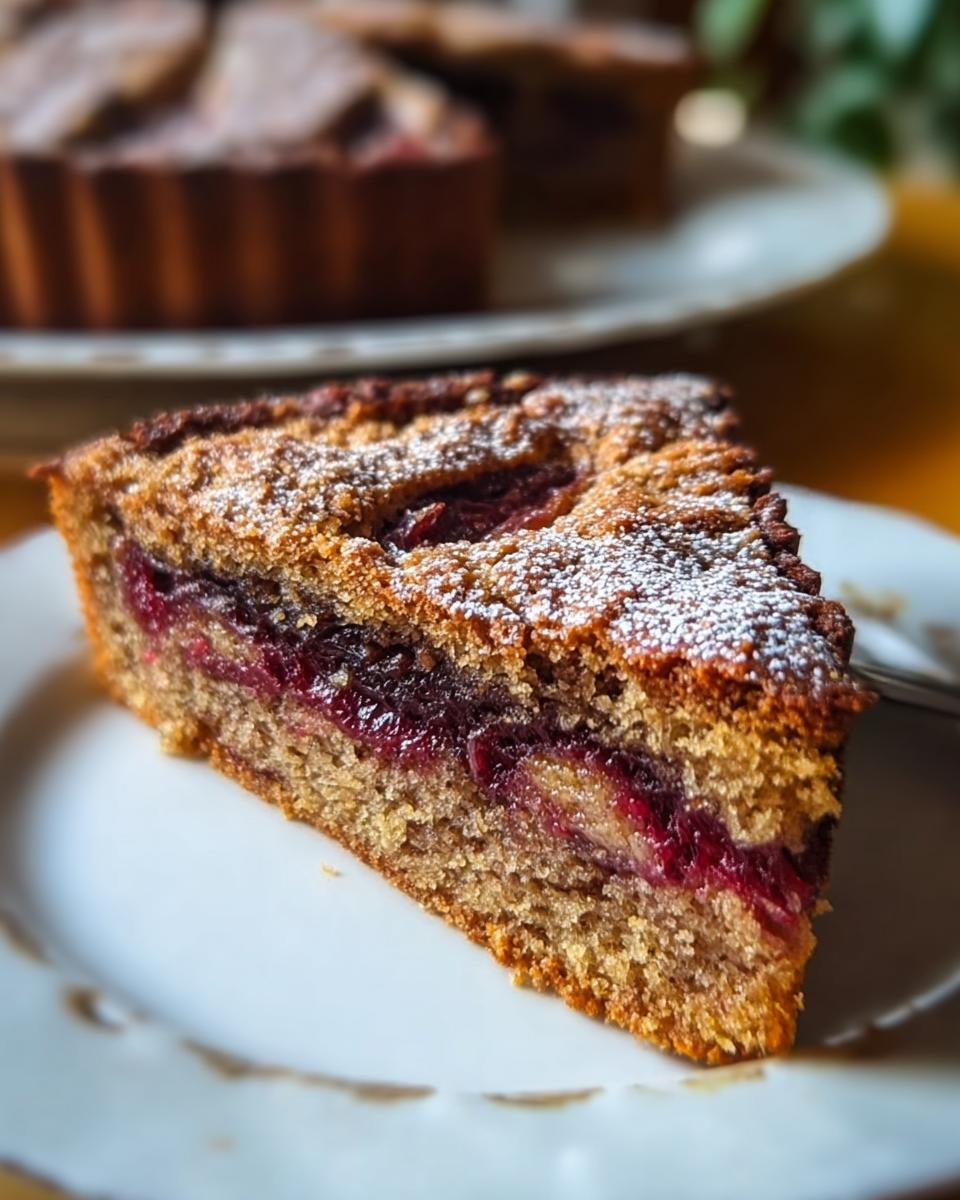 Nahaufnahme eines Kuchenschnitts vom Nussiger Zimtkuchen mit Pflaumenfüllung, bestäubt mit Puderzucker.