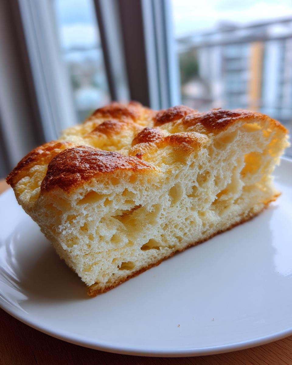 Nahaufnahme eines luftigen Stücks Ofenpfannkuchen mit einer goldbraun gebackenen Oberfläche auf einem weißen Teller.