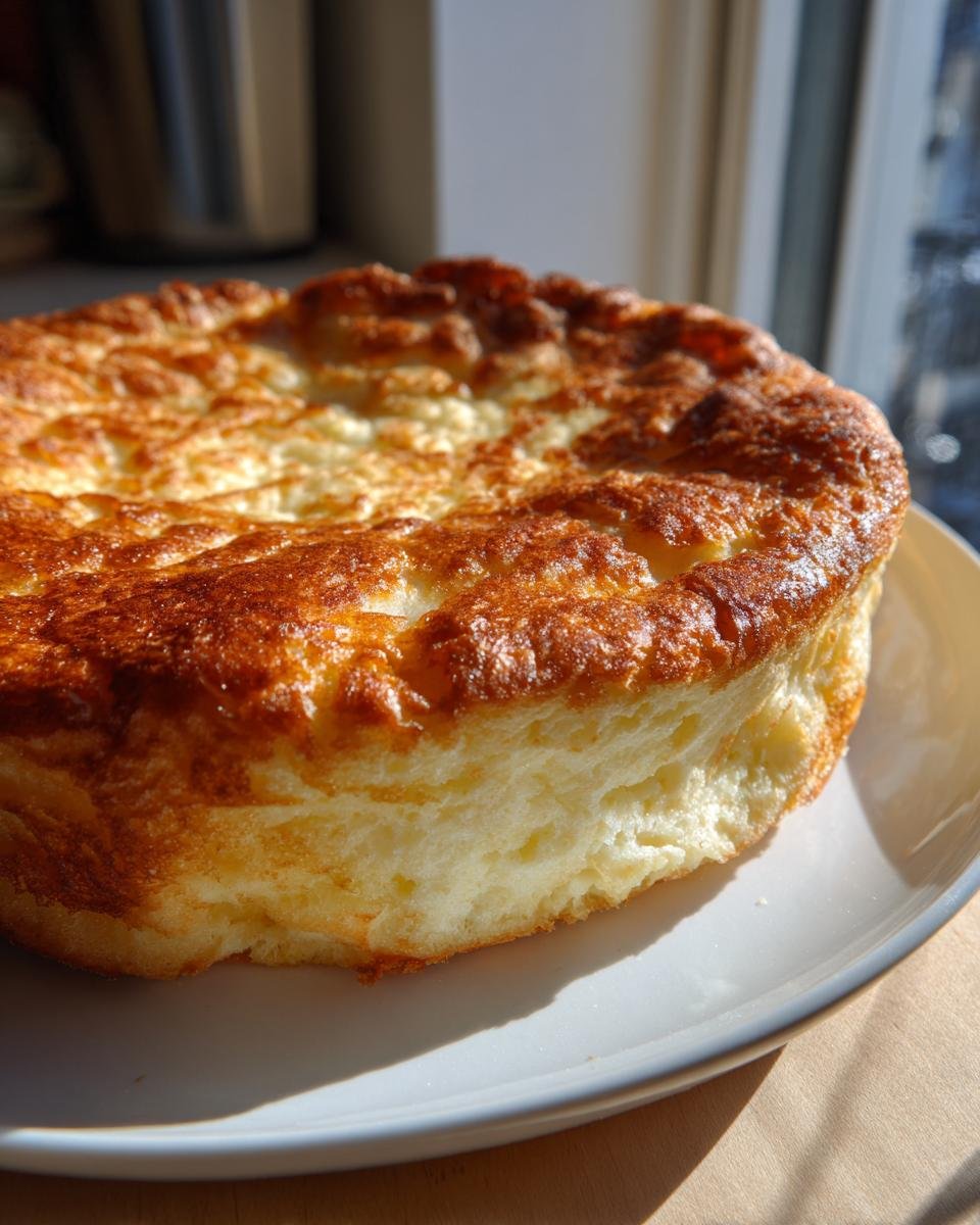 Ein hoch aufgegangener, fluffiger Ofenpfannkuchen mit goldbrauner Kruste auf einem weißen Teller.