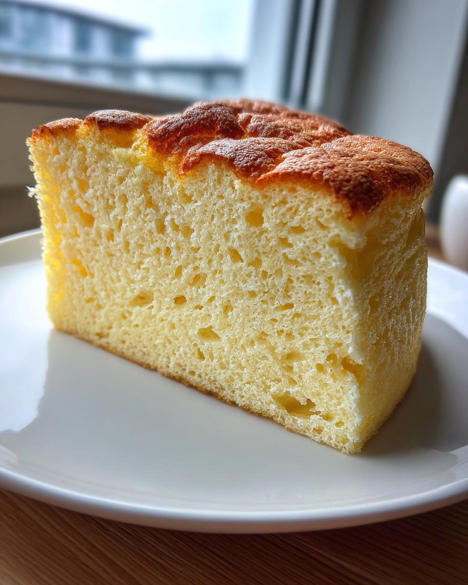 Nahaufnahme eines himmlisch fluffigen Stücks Ofenpfannkuchen mit luftiger Textur auf einem weißen Teller.