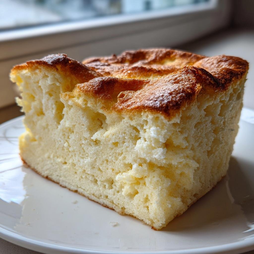 Nahaufnahme eines fluffigen Stücks Ofenpfannkuchen mit einer goldbraunen, leicht gewellten Oberseite auf einem weißen Teller.